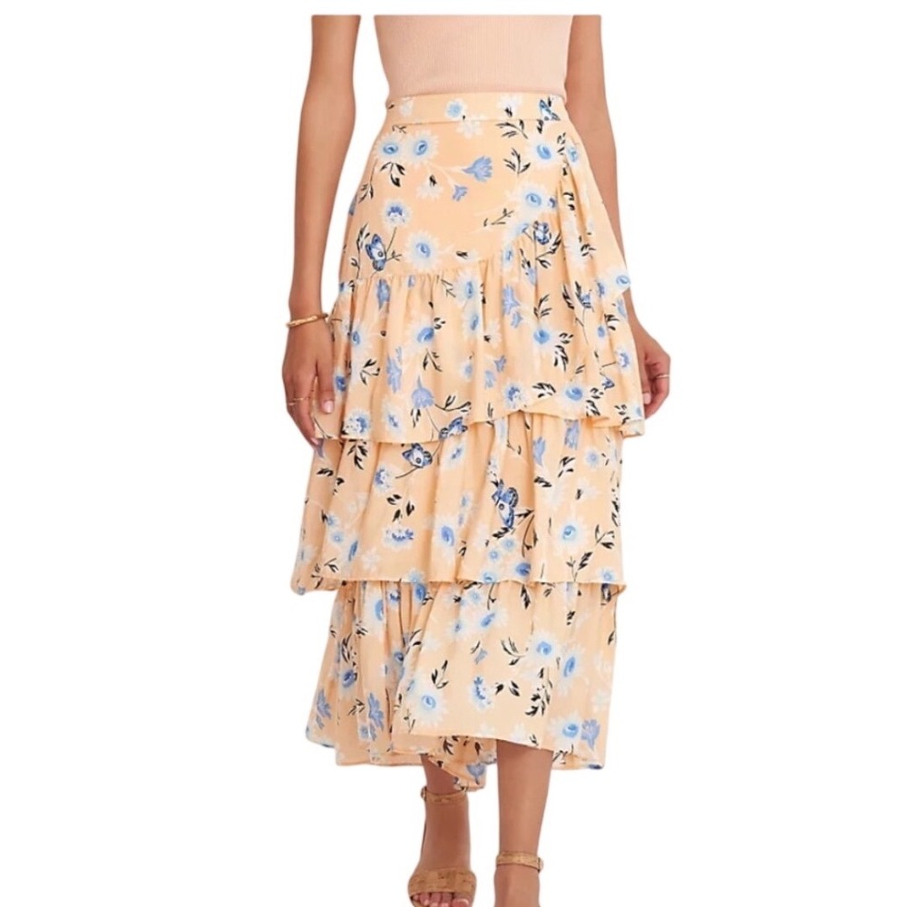 NWT Ann Taylor Peach Blue Floral Butterfly Tiered Ruffle Midi Skirt 14 Fairy